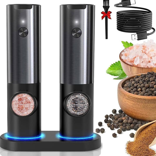 DeluxeHome™ 🔋 Şarjlı Otomatik Tuz & Karabiber Değirmeni Seti – LED Işıklı, Paslanmaz Çelik, Ayarlanabilir Öğütme, USB Şarjlı Çiftli Set 🧂🌶️